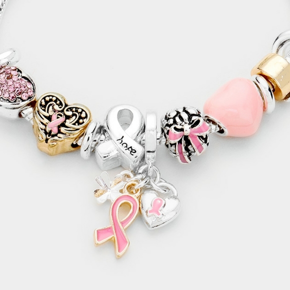 Silver & Pink Ribbon MultiBeaded Jewelry Bracelet - Picture 2 of 2